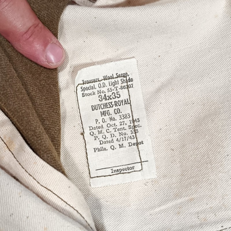 PANTALON US TROUPE MOUTARDE MODELE 1937 ETIQUETTE DATEE 1943 TAILLE W34-L35 UNIFORME GI TOUR DE TAILLE 100 cm